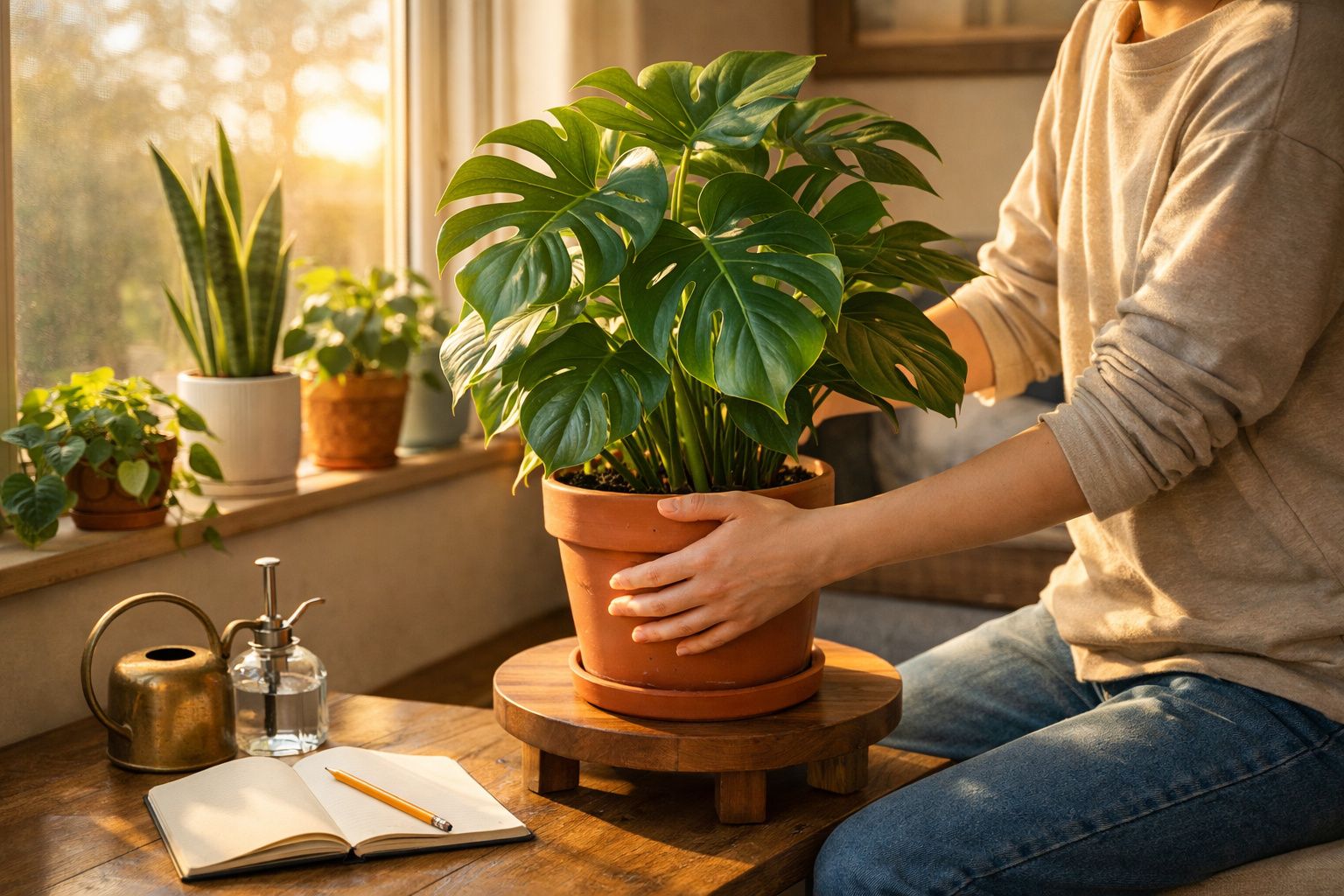 Pessoa a cuidar de planta verde em vaso de barro com janela e outras plantas ao fundo.