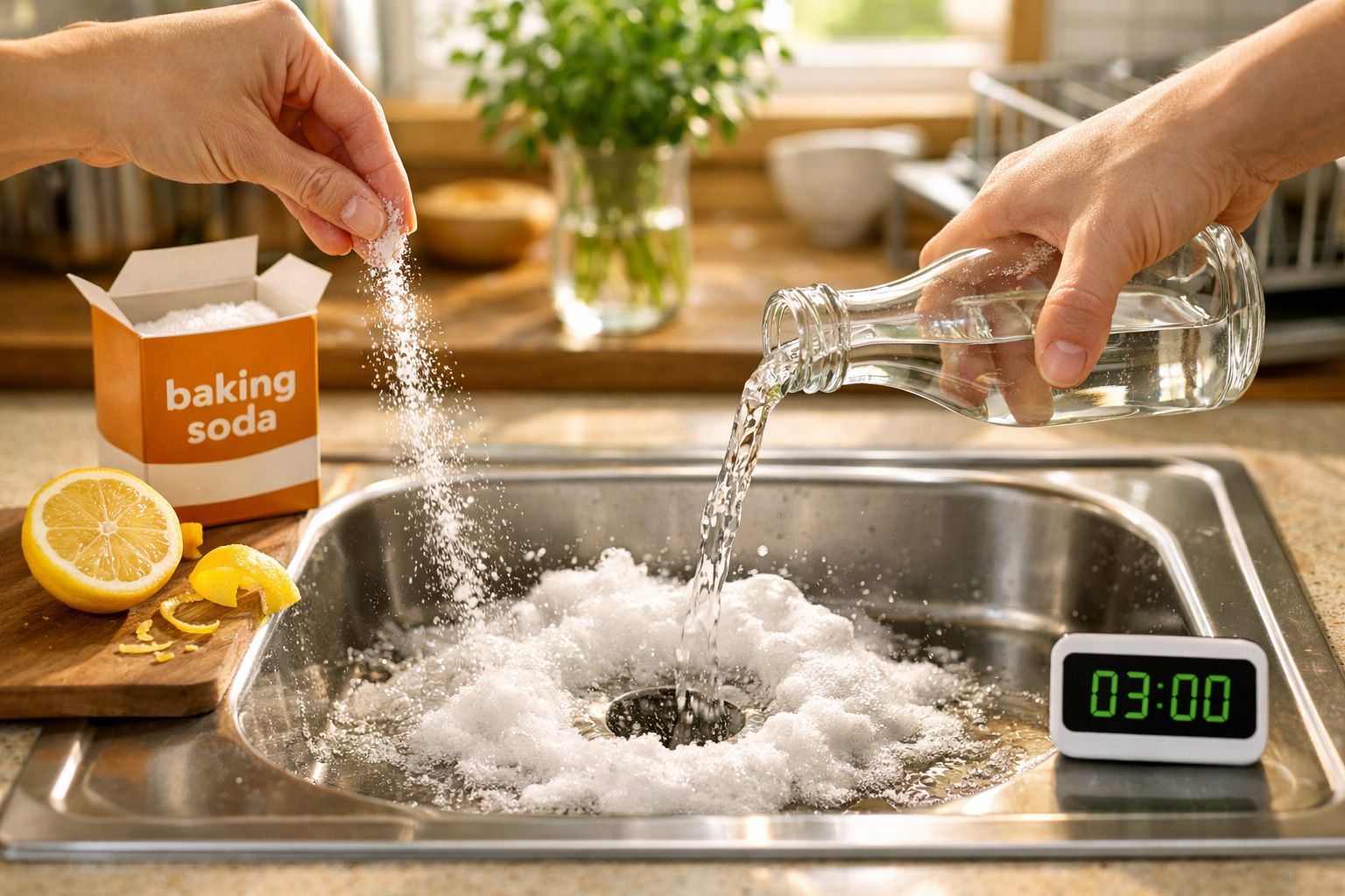 Mãos a despejar bicarbonato e líquido numa pia de cozinha com limão e temporizador a 3 minutos.