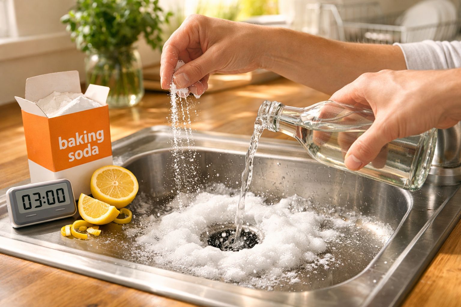 Pessoa a verter vinagre e bicarbonato para limpar o ralo da pia da cozinha com limão cortado ao lado.