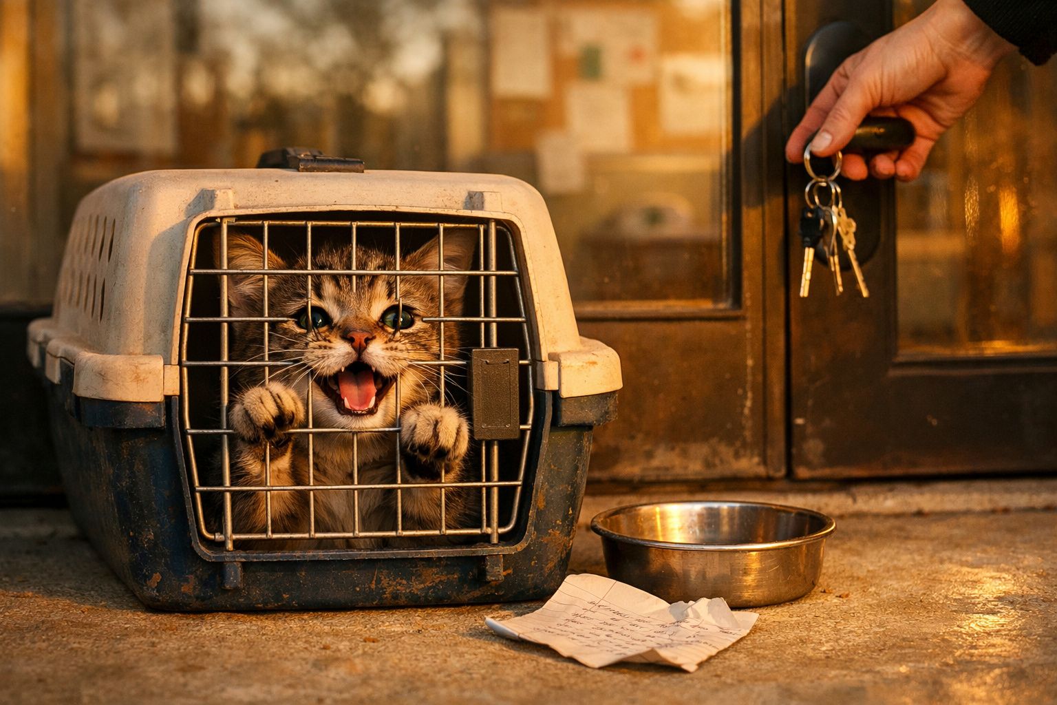 Gato dentro de transportadora, miando, com uma mão segurando chaves perto e um prato de comida ao lado.