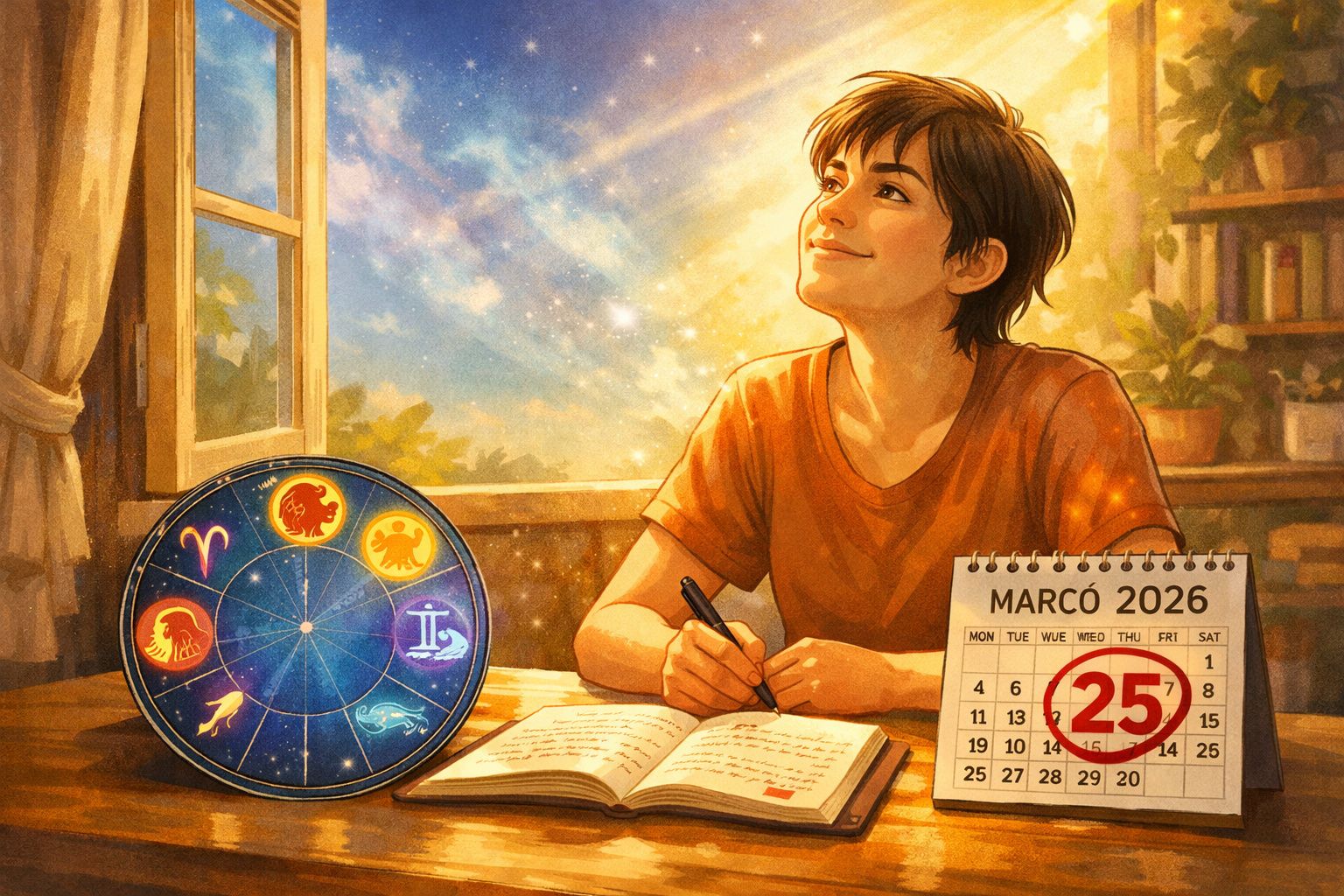 Jovem a escrever num caderno, olhando para o céu estrelado, com calendário marcado em 25 de março de 2026 e roda do zodíaco.