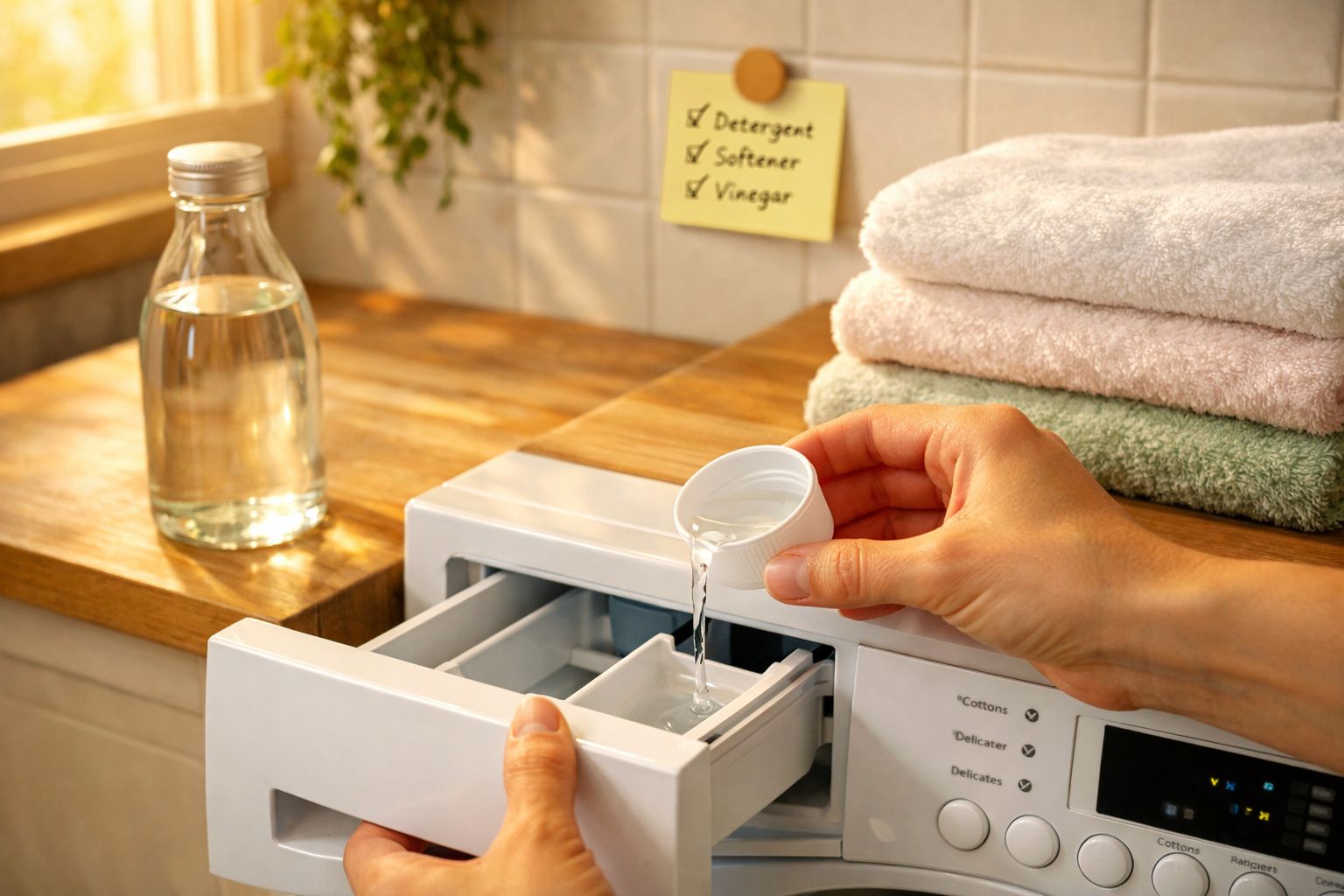 Pessoa a colocar vinagre na máquina de lavar roupa, ao lado de toalhas dobradas e um frasco de vidro com líquido.