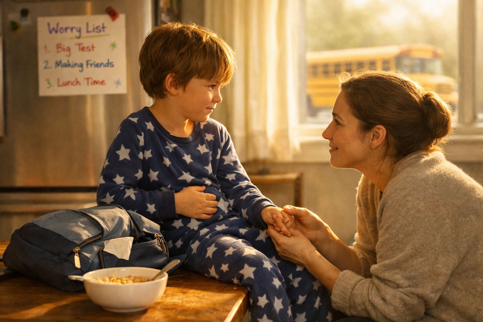 Criança de pijama com estrelas sentada numa mesa a olhar e segurar as mãos de mulher sorridente.