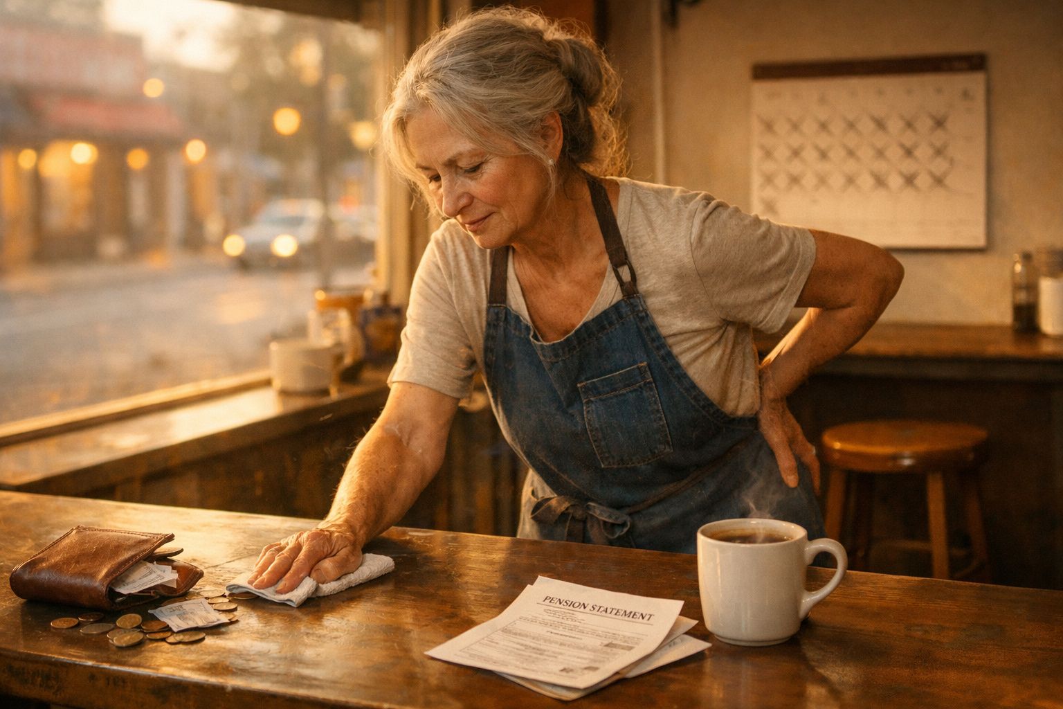 Mulher idosa com avental limpa balcão de madeira numa cafetaria com documentos e café à sua frente.
