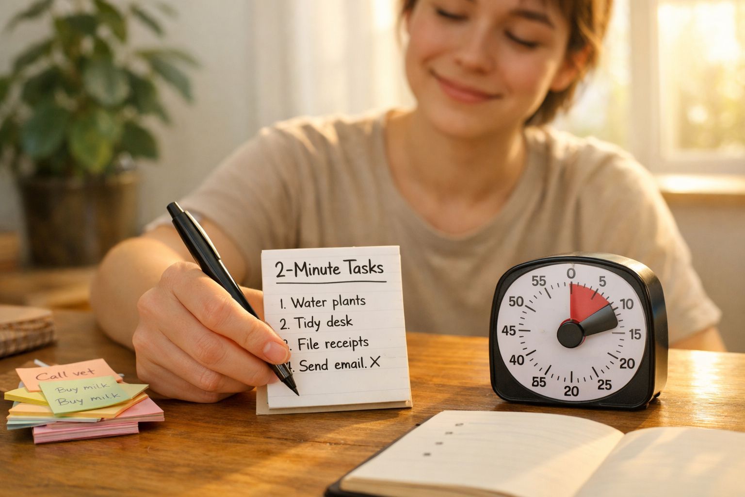 Mulher sentada a anotar tarefas curtas junto a um temporizador de 15 minutos numa mesa de madeira.