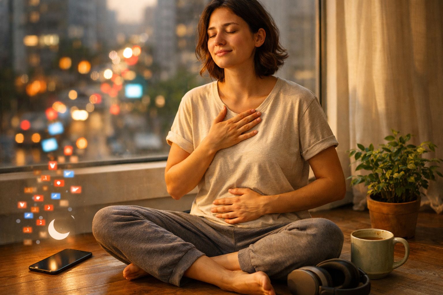 Mulher sentada no chão a meditar com olhos fechados, mãos no peito e na barriga, em ambiente acolhedor.