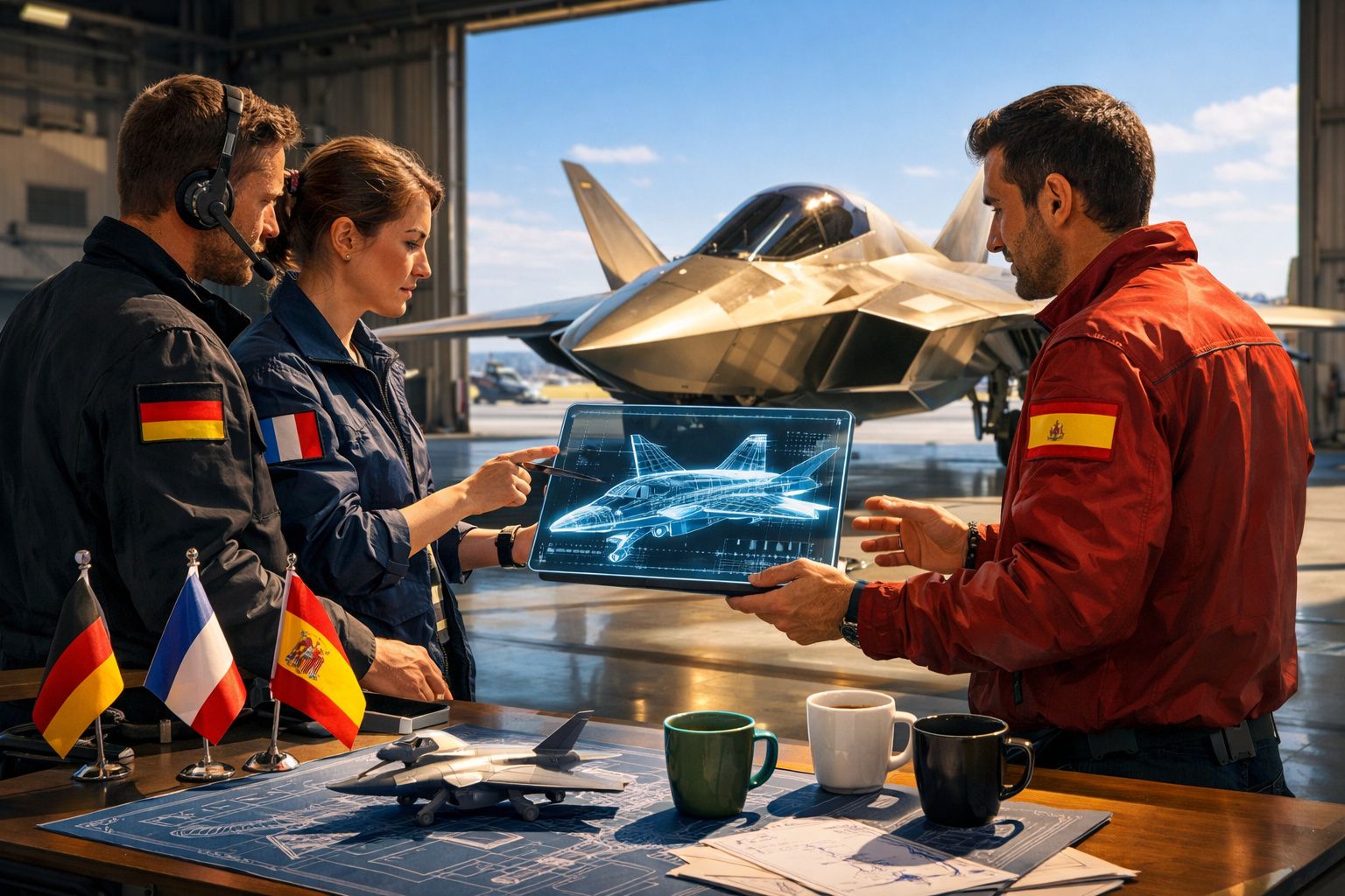 Pessoas com uniformes a analisar projeto digital de avião de caça numa base aérea com jacto militar ao fundo.