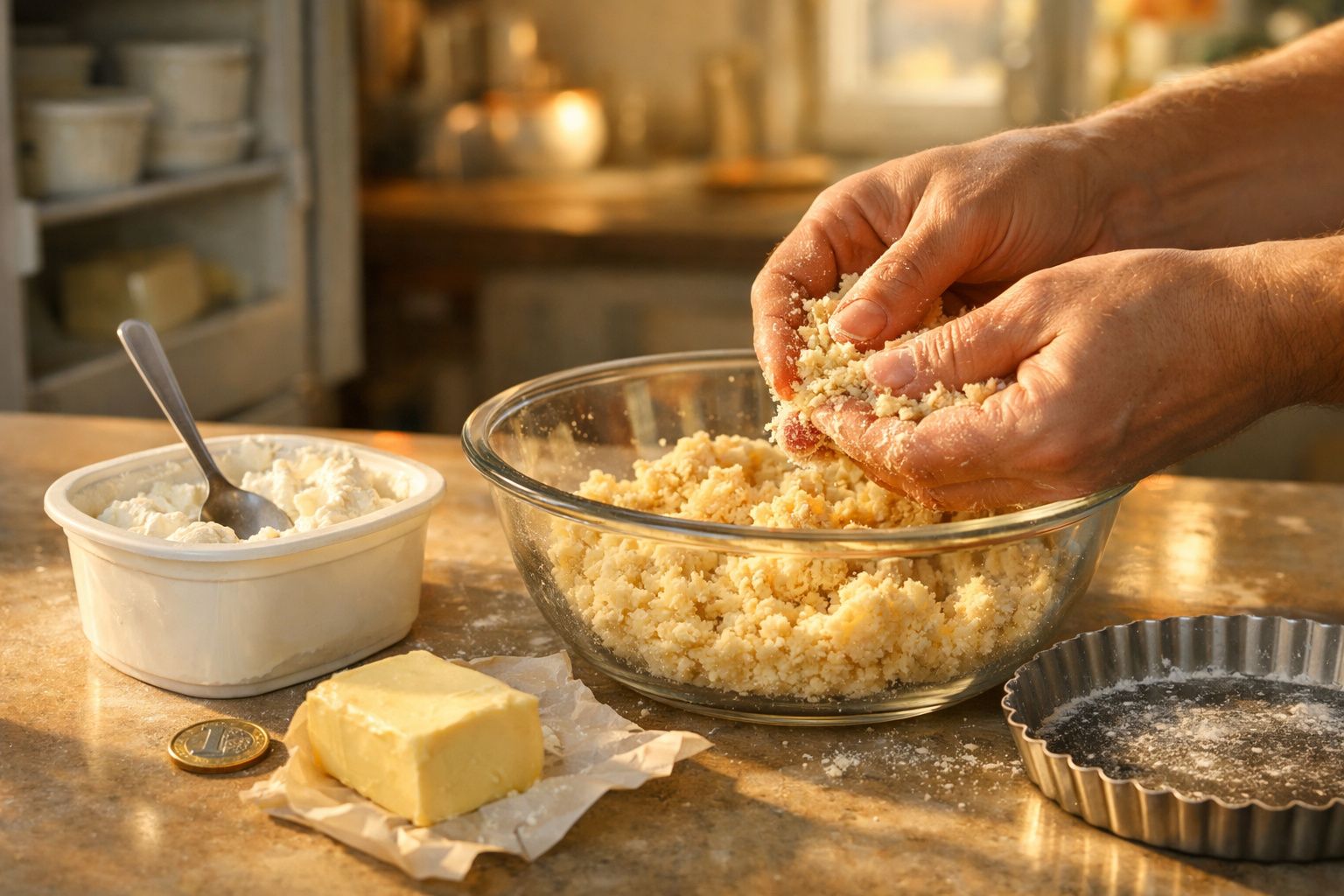 Mãos a misturar massa areada numa taça de vidro com manteiga, queijo fresco e molde de tarte numa bancada.