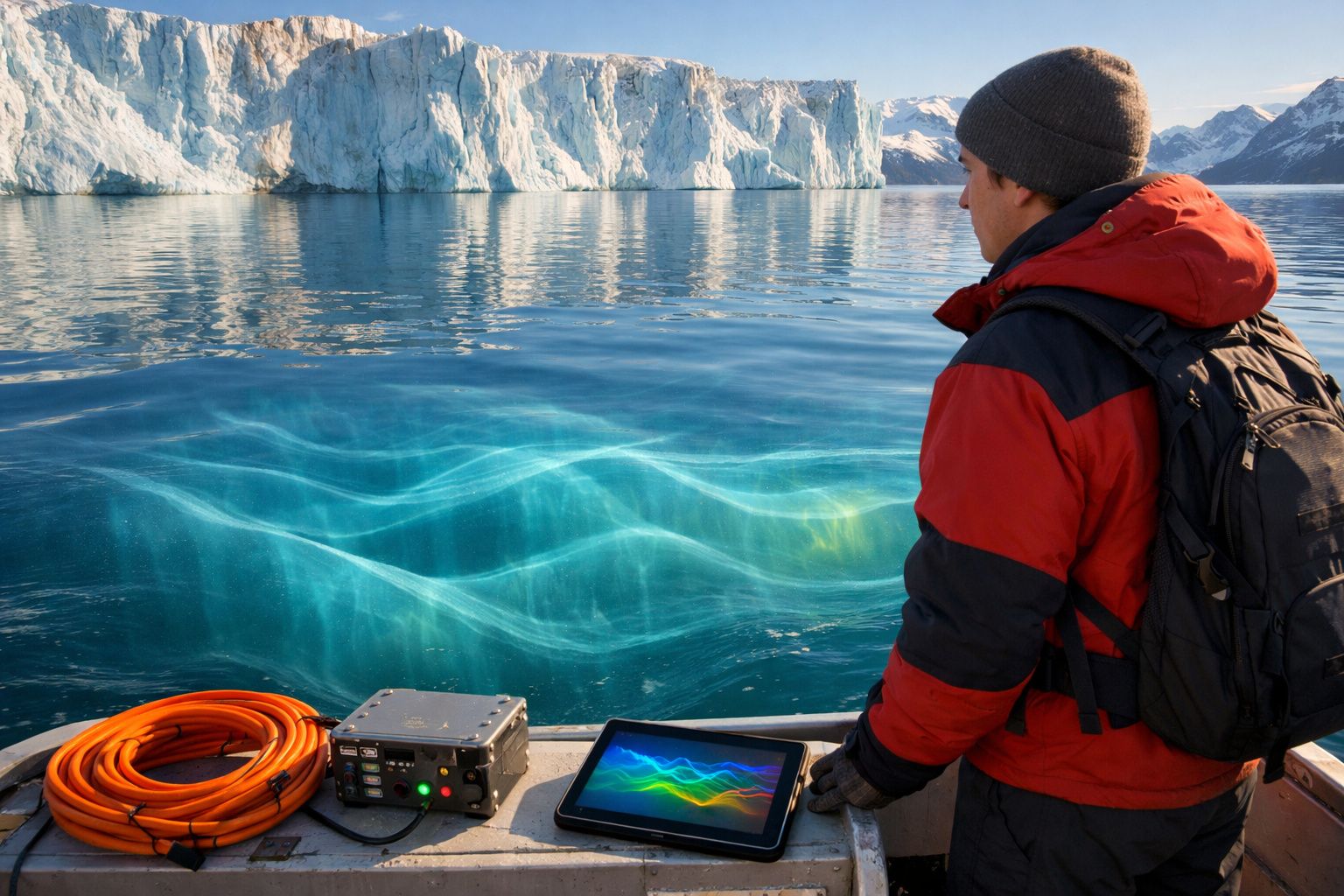 Homem com casaco e mochila observa ondas coloridas em água junto a icebergues, a partir de barco.