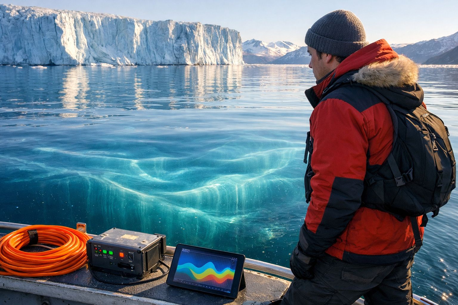 Homem de casaco vermelho analisa equipamento tecnológico num barco junto a um icebergue num mar calmo.