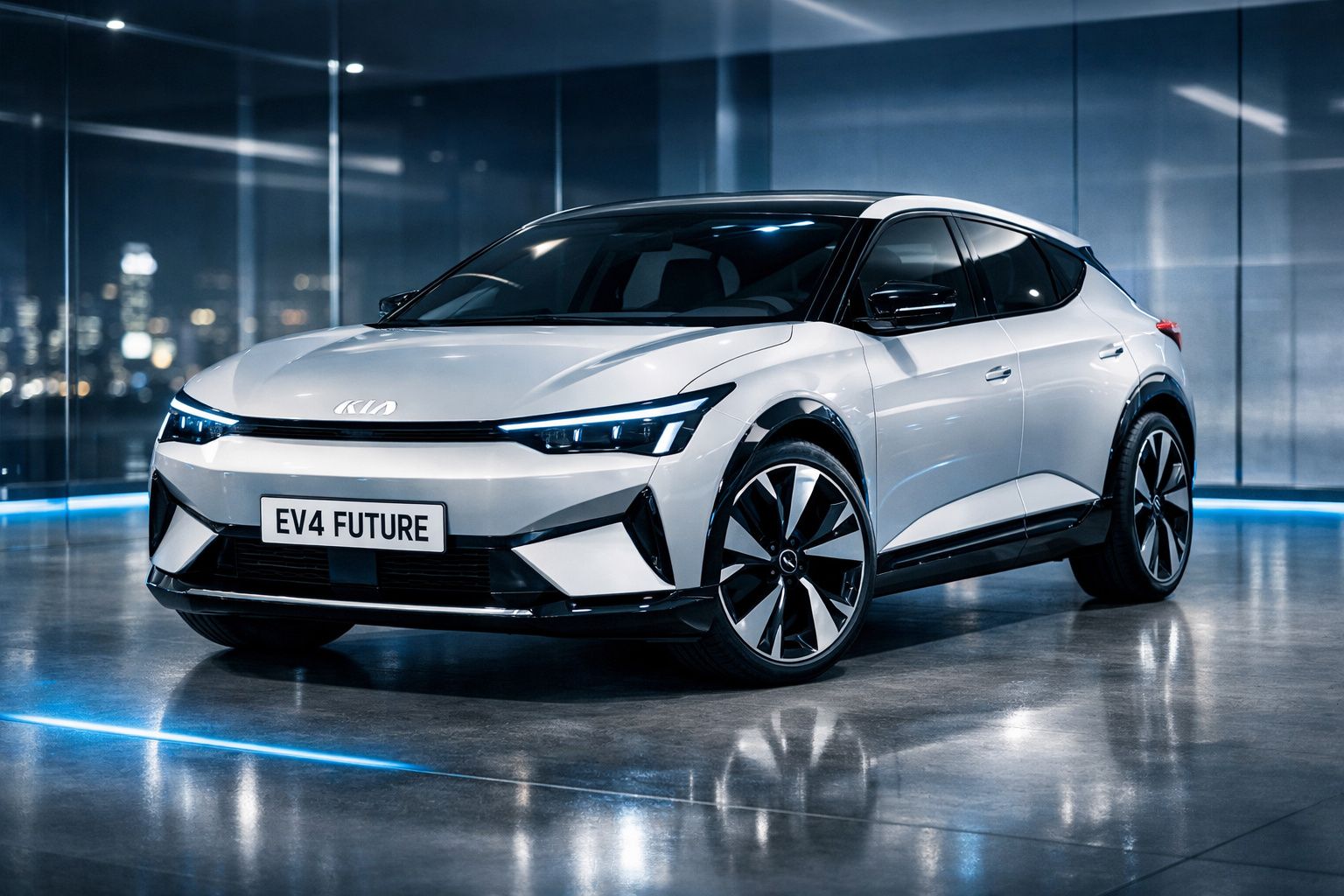 Carro elétrico Kia EV4 Future branco estacionado num espaço interior moderno com luzes azuladas.