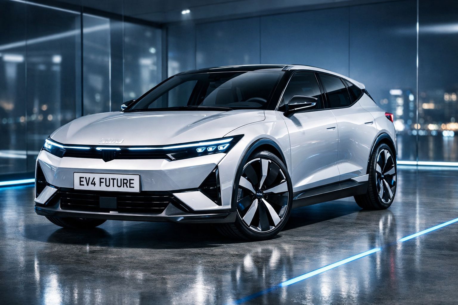 Carro elétrico futurista branco estacionado num piso polido, com iluminação azul moderna e vidros espelhados.