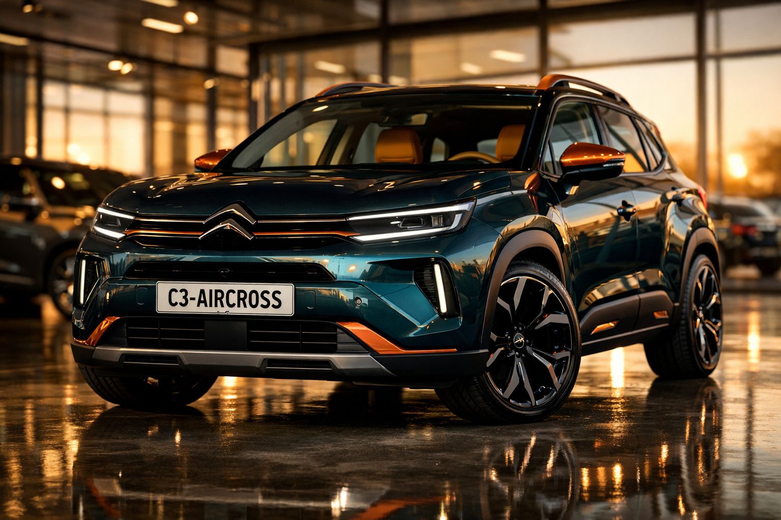 Carro Citroën C3 Aircross verde com detalhes laranja estacionado em interior iluminado ao pôr do sol.