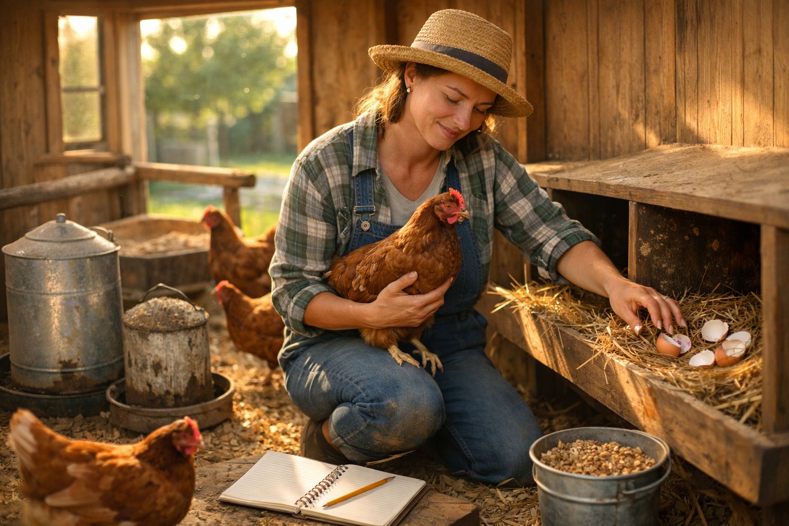 Mulher com chapéu recolhe ovos numa galinheiro segurando uma galinha castanha entre várias outras.