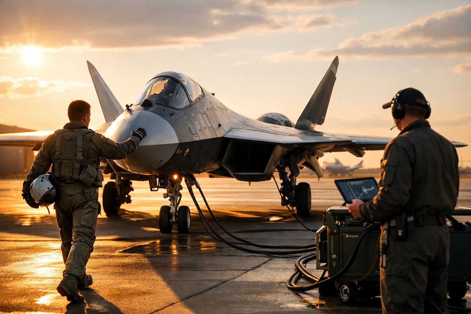 Caça militar no solo ao pôr do sol com piloto e técnico em equipamento aéreo de controlo.
