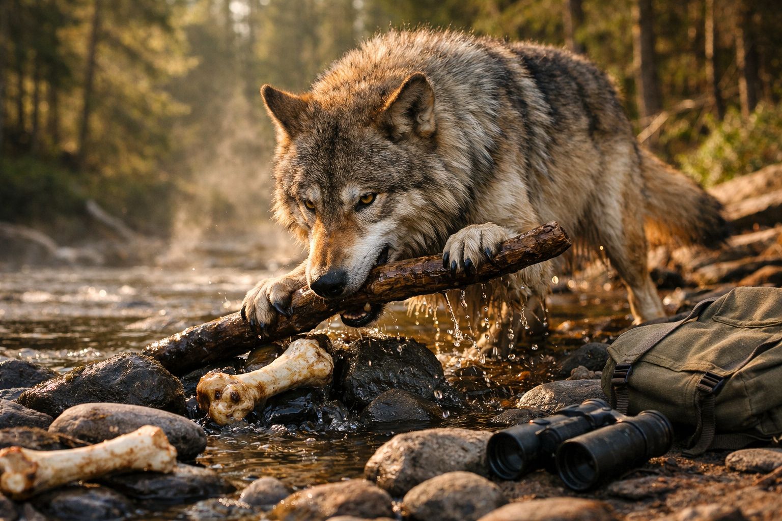 Lobo cinzento a morder um tronco numa corrente de água rodeado por ossos, binóculos e uma mochila.