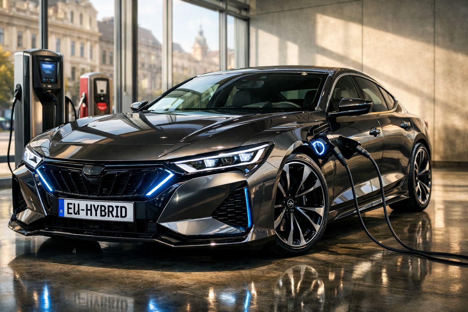 Carro híbrido preto a carregar numa estação de estacionamento interior com grandes janelas.