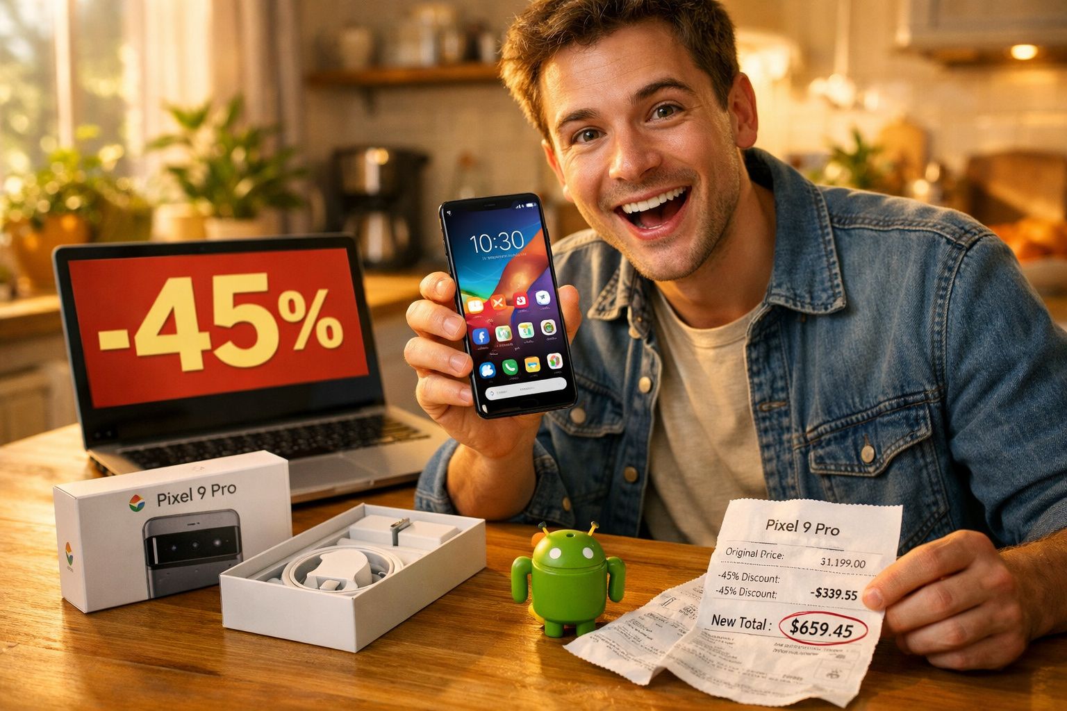 Homem feliz mostra telemóvel Pixel 9 Pro com desconto de 45% e recibo num ambiente doméstico.