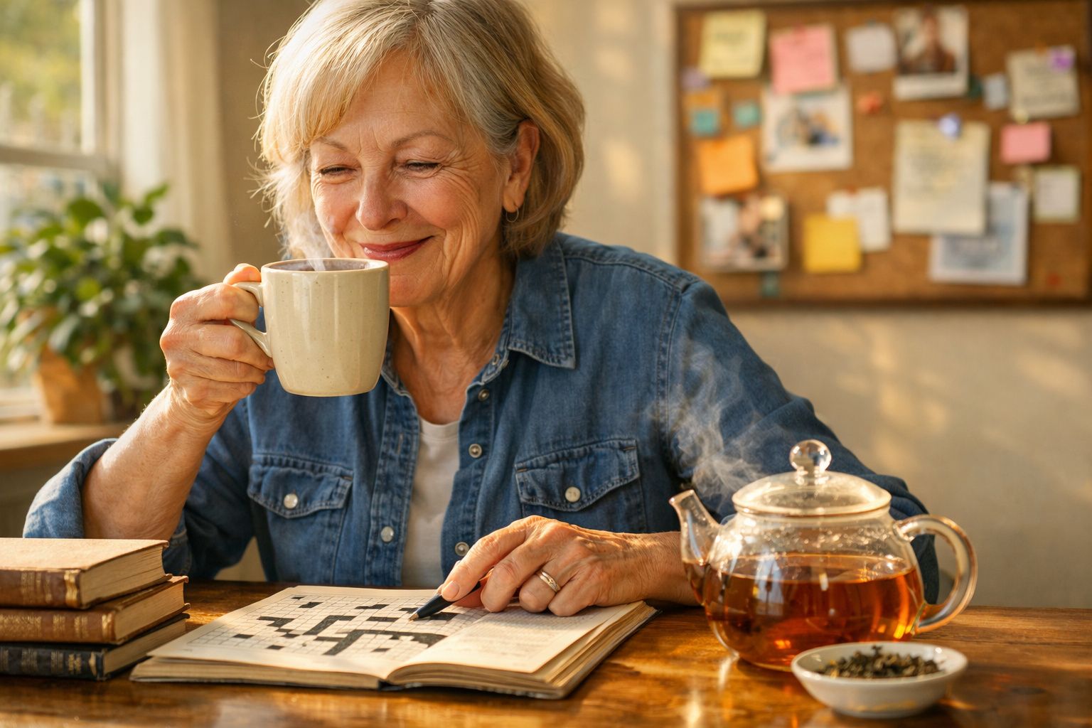 Mulher idosa a sorrir enquanto bebe chá e resolve um passatempo de palavras cruzadas numa mesa de madeira.