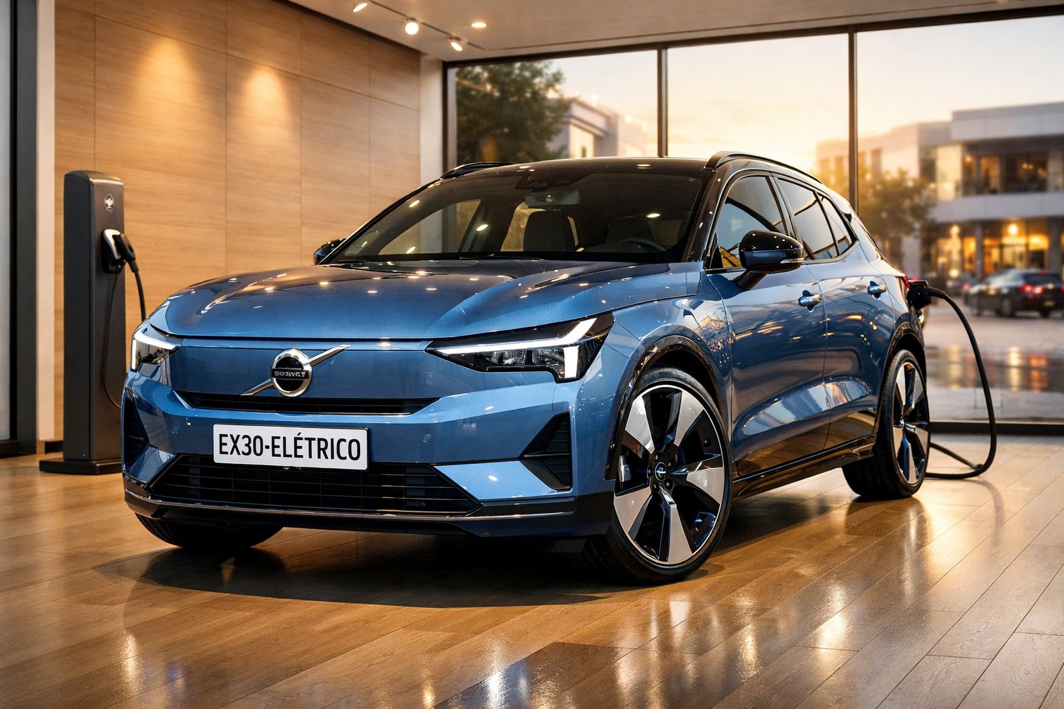 Carro elétrico azul Volvo EX30 a carregar numa estação de carga interior num ambiente moderno.