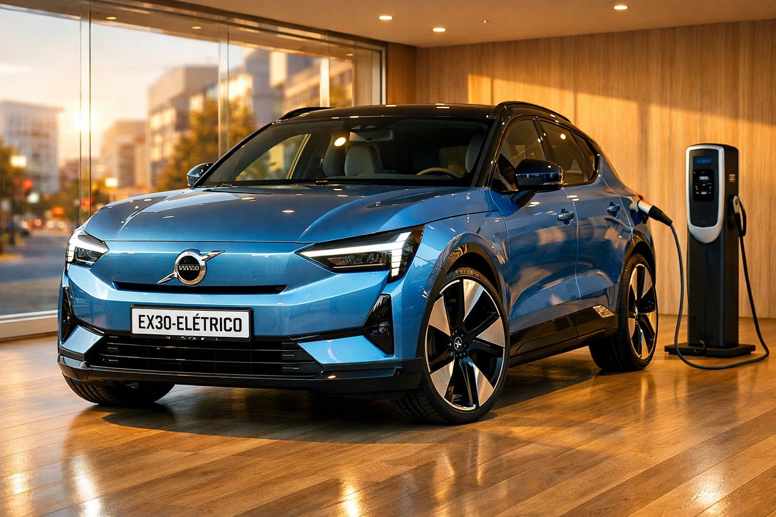 Carro elétrico azul Volvo EX30 a carregar numa estação de carregamento interior com fundo urbano.