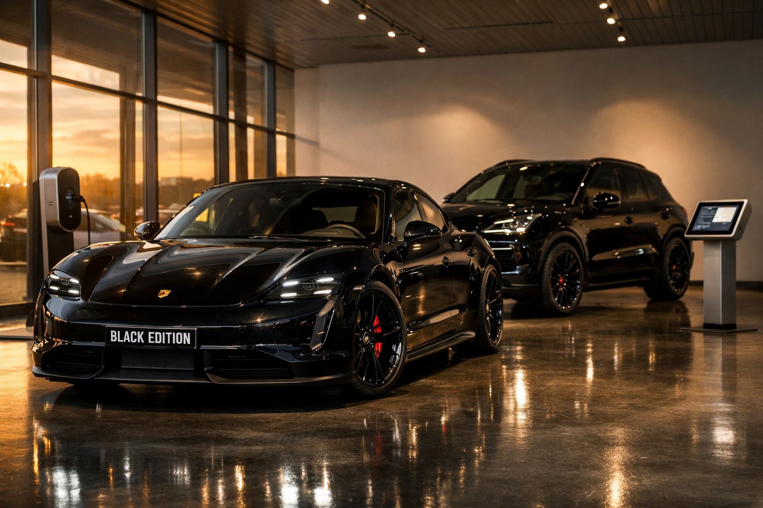 Dois carros pretos desportivos estacionados em showroom com chão refletor e iluminação ambiente quente.
