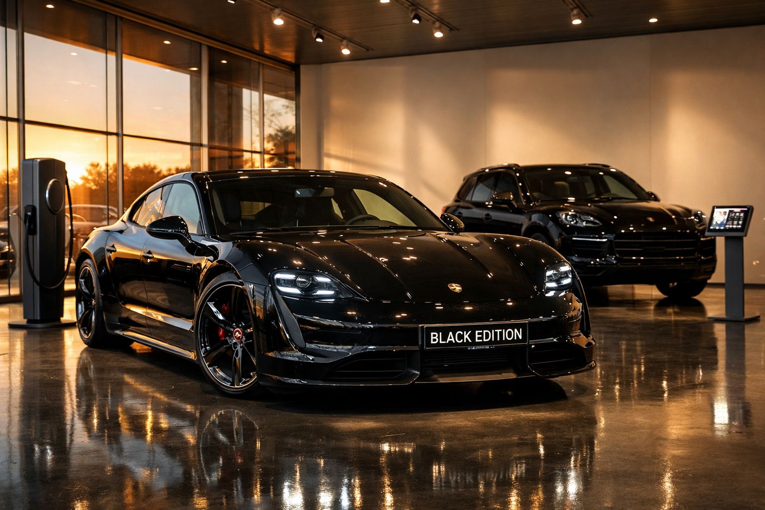 Dois carros desportivos pretos num espaço interior moderno, com carregador elétrico à esquerda.