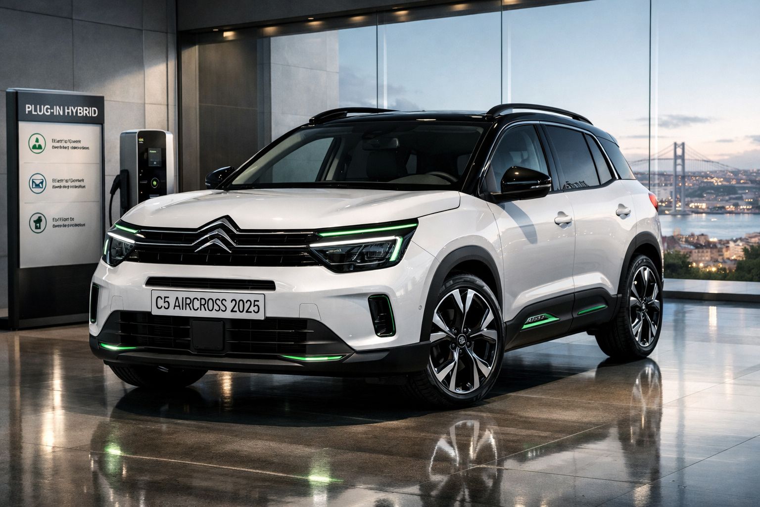 Citroën C5 Aircross 2025 branco, híbrido plug-in, a carregar numa estação moderna com vista para uma ponte.