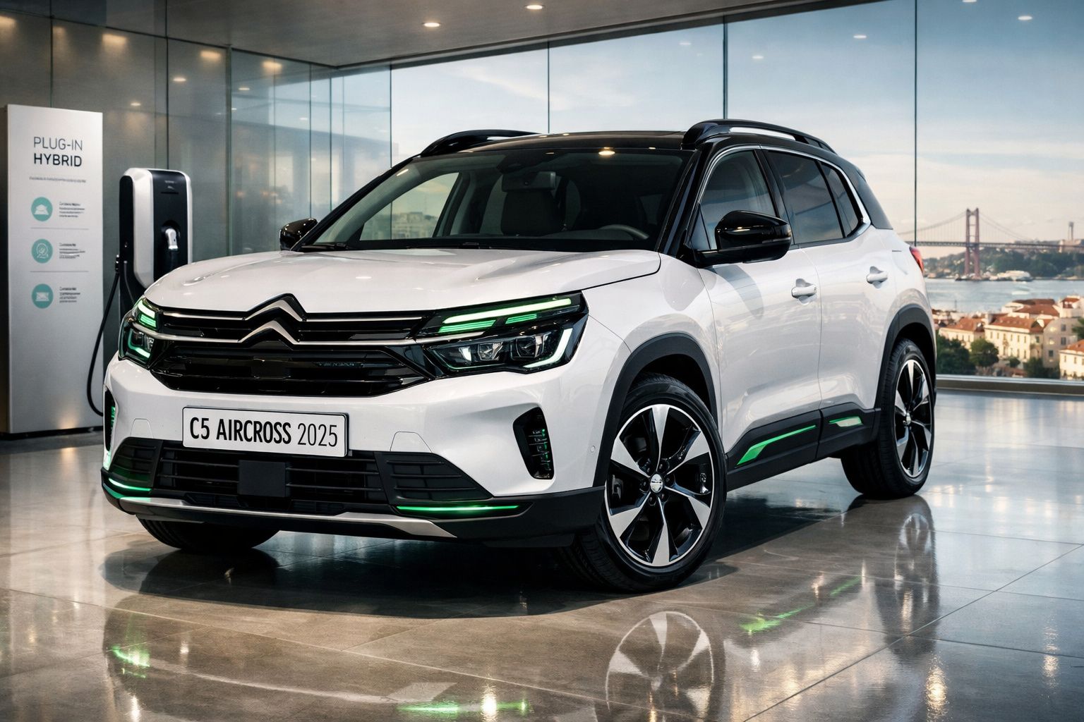 Carro Citroën C5 Aircross 2025 branco plug-in híbrido numa exposição com vista para a ponte.