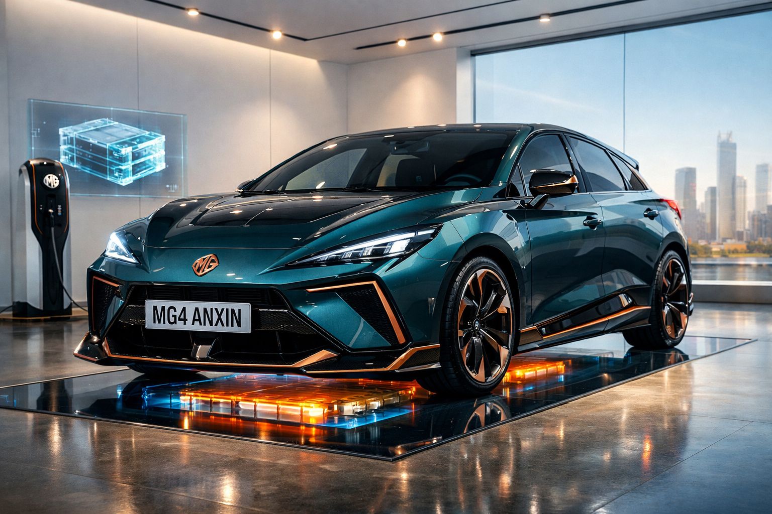 Carro elétrico MG4 Anxin verde escuro exibido em salão moderno com base iluminada e estação de carregamento.