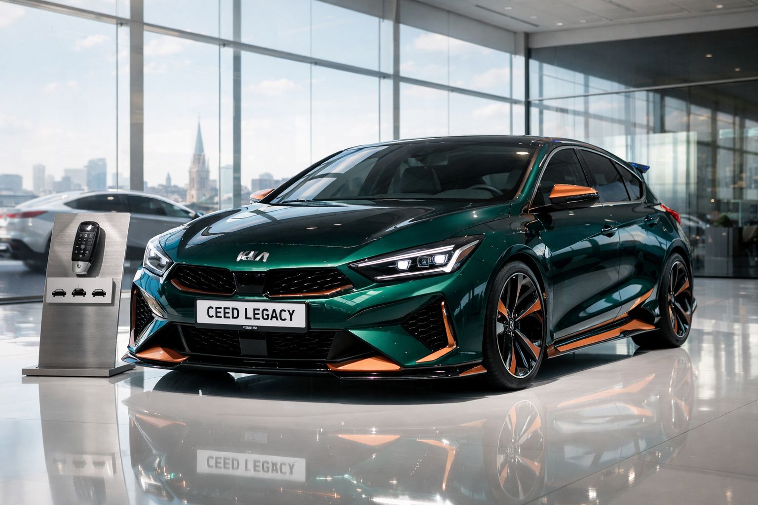 Carro desportivo Kia Ceed Legacy verde e laranja exposto numa sala de vidro moderna.