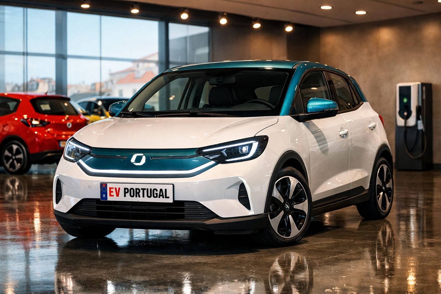 Carro elétrico branco com detalhes verdes estacionado em showroom com tomada de carregamento ao fundo.