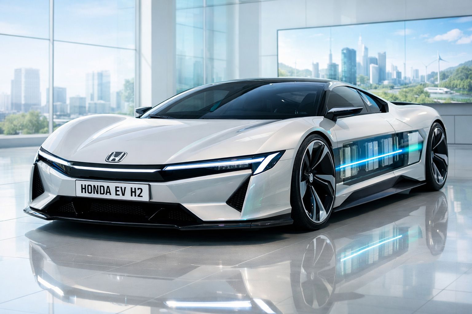 Carro elétrico Honda EV H2 branco numa sala moderna com vista para cidade e montanhas.