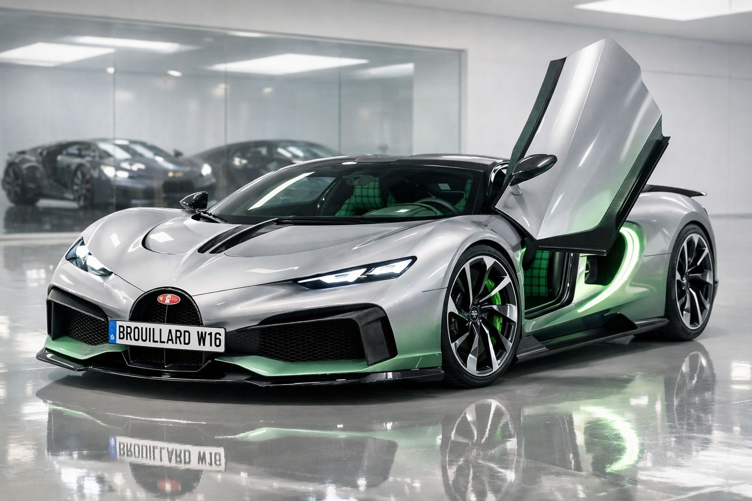 Carro desportivo Bugatti Bolt prata com porta aberta e luzes LED verdes num espaço interior.