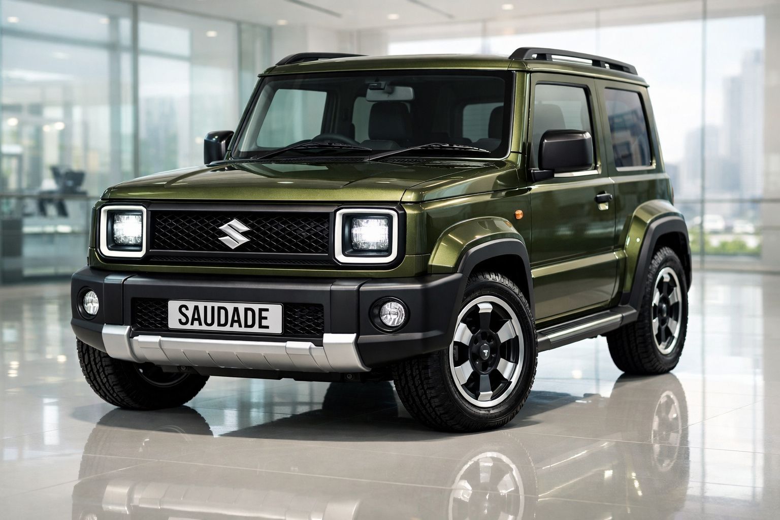 Carro SUV Suzuki verde militar com chapa personalizada "SAUDADE" em showroom moderno.