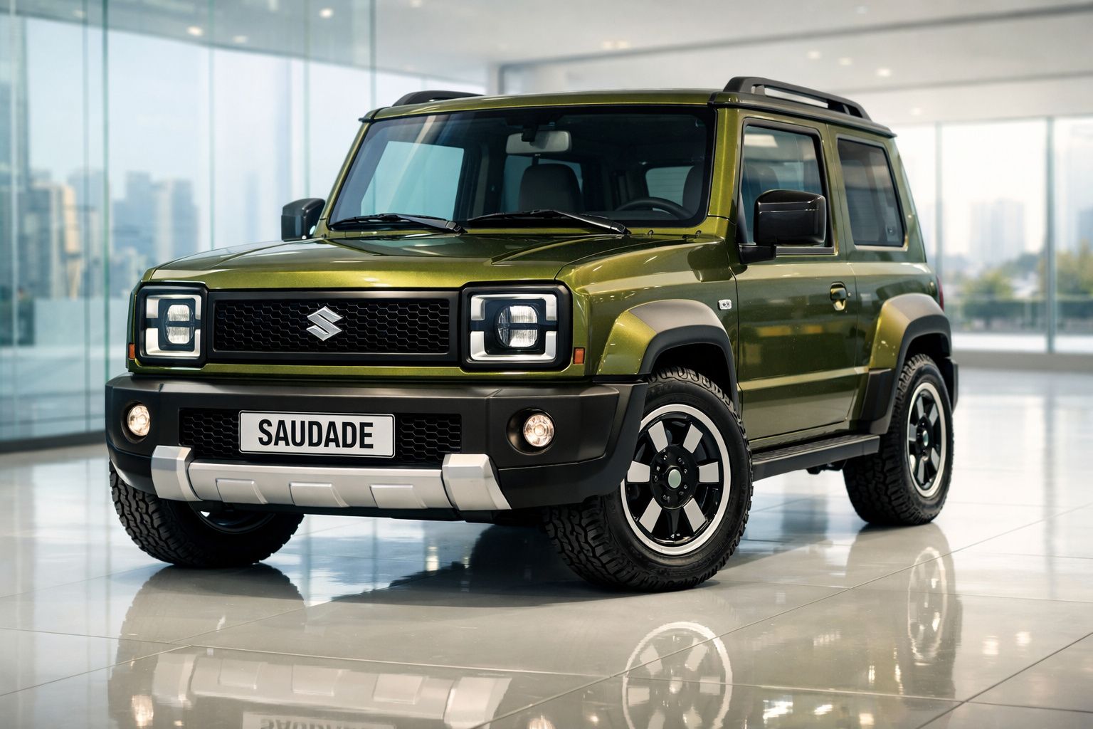 Automóvel Suzuki 4x4 verde metálico estacionado em piso interior brilhante com placa personalizada Saudade.