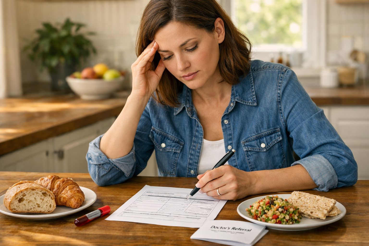 Mulher a preencher um formulário sentada à mesa, rodeada por pratos de comida e pão, expressão preocupada.