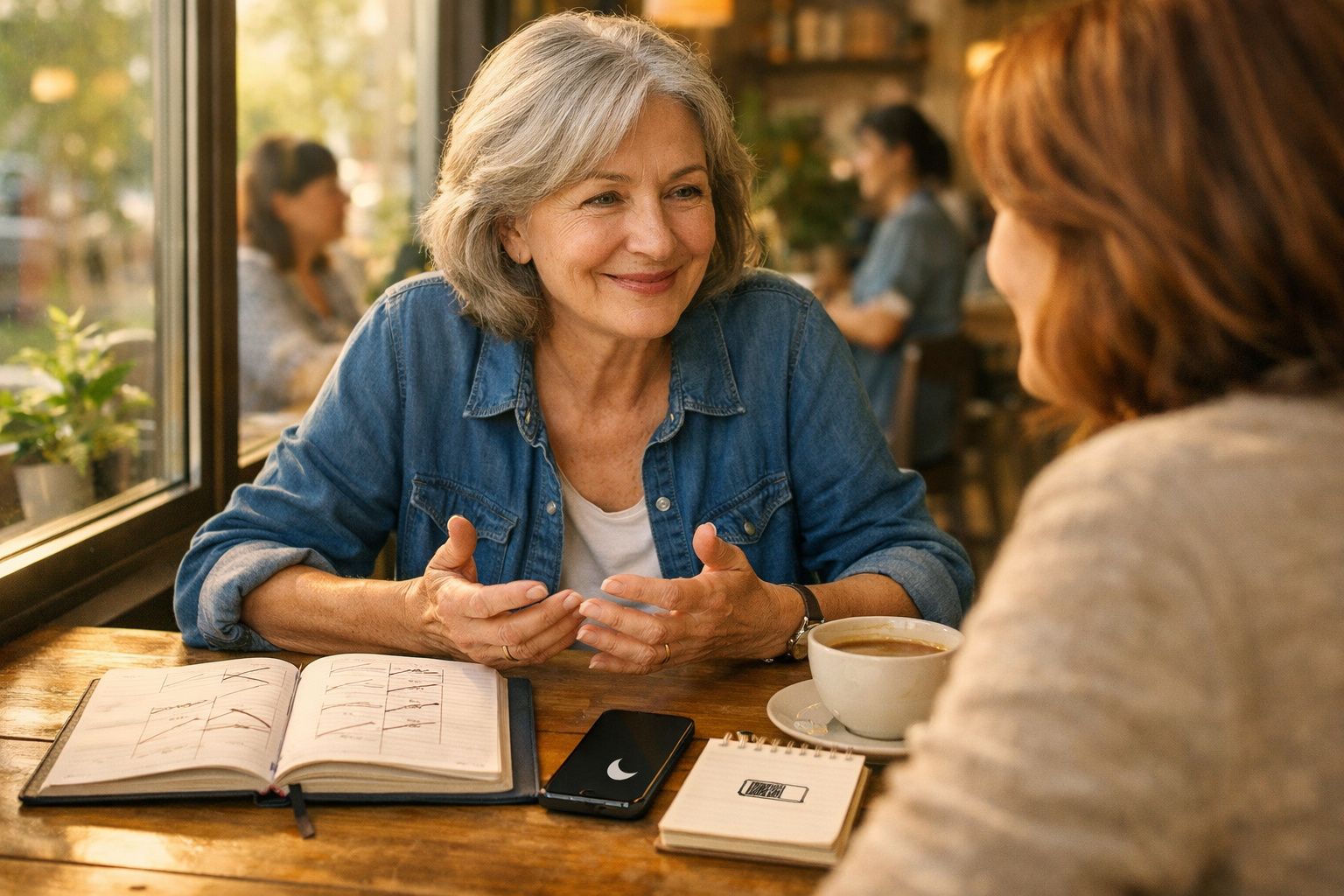 Duas mulheres conversam animadamente num café, com caderno, telemóvel e chá na mesa.