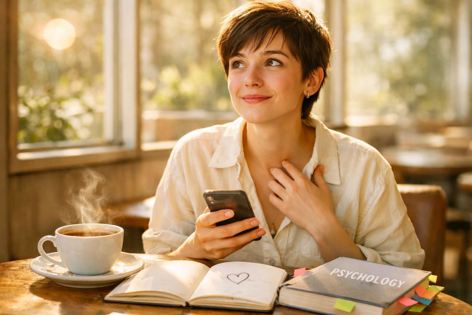 Jovem mulher sorridente a segurar telemóvel, com livro aberto e chá quente numa mesa junto à janela.