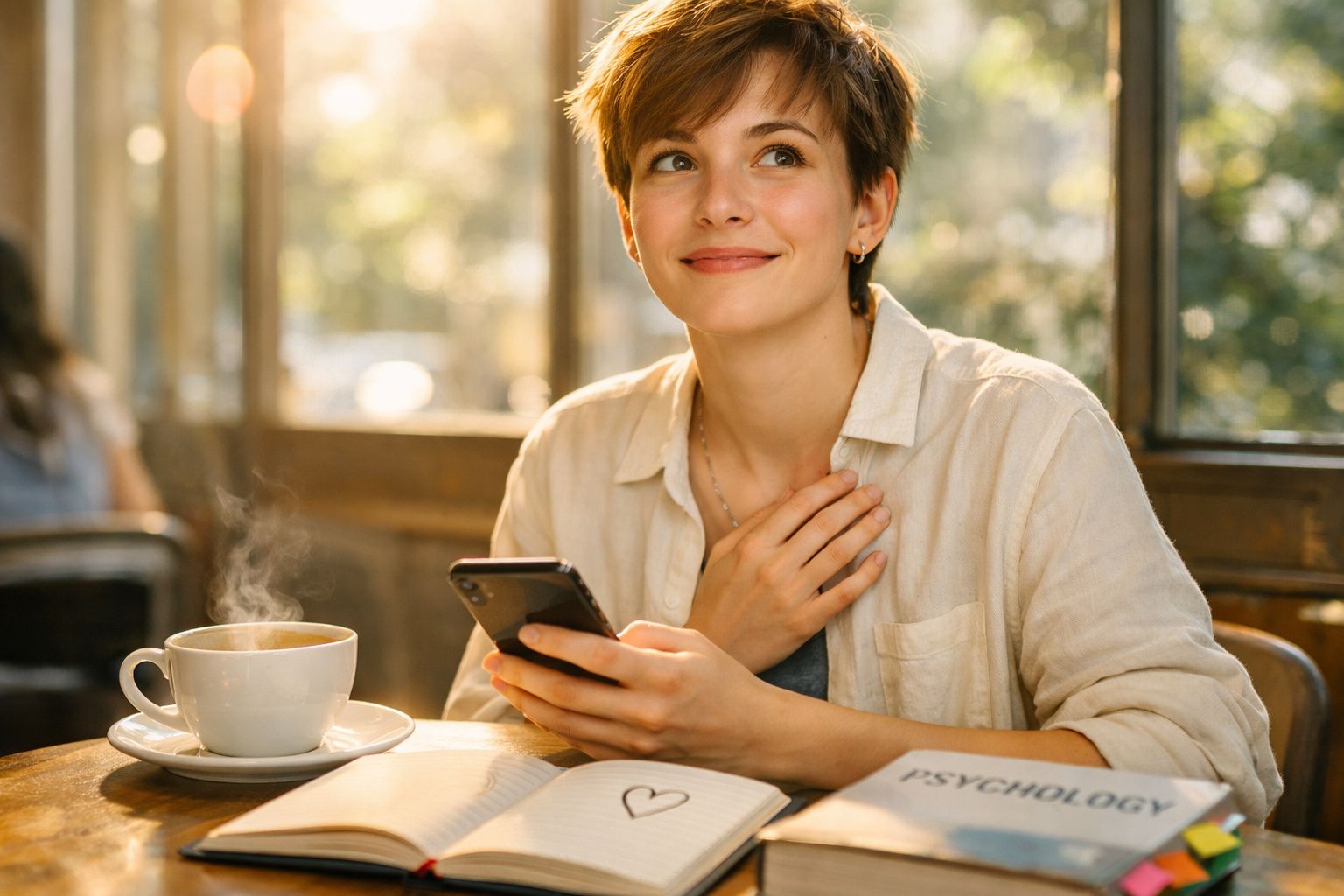 Mulher sorridente segurando telemóvel numa cafetaria, com chá quente e um livro de psicologia aberto à sua frente.