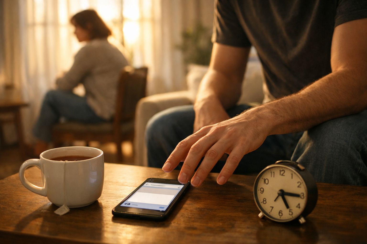 Homem sentado a usar telemóvel, com relógio e chá na mesa, mulher ao fundo de costas, ambiente tenso em casa.