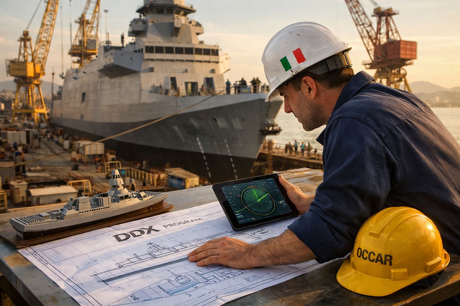 Homem com capacete italiano analisa planta naval e radar digital no estaleiro junto a navio de guerra.