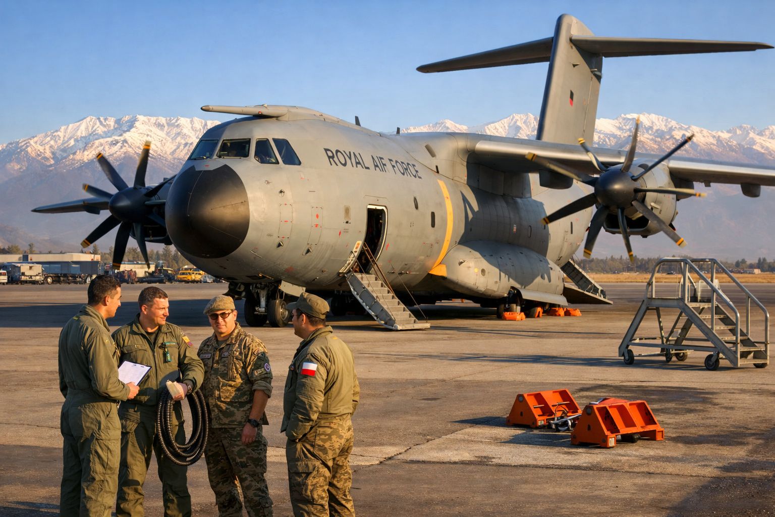 Quatro militares junto a avião da Royal Air Force num aeroporto com montanhas nevadas ao fundo.