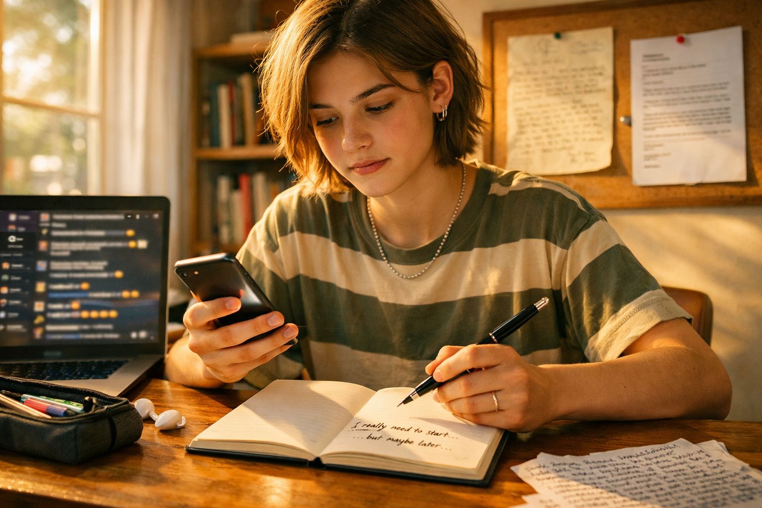 Jovem a escrever num caderno enquanto consulta o telemóvel, sentado numa mesa com computador portátil aberto.
