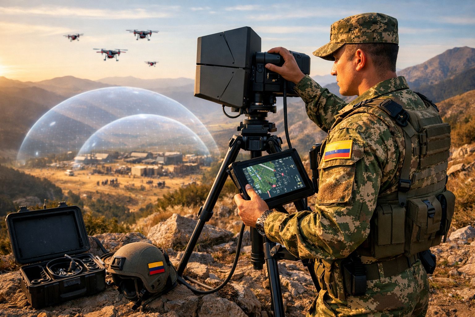 Soldado com equipamento tecnológico controla drones sobre paisagem montanhosa com escudo protetor digital.