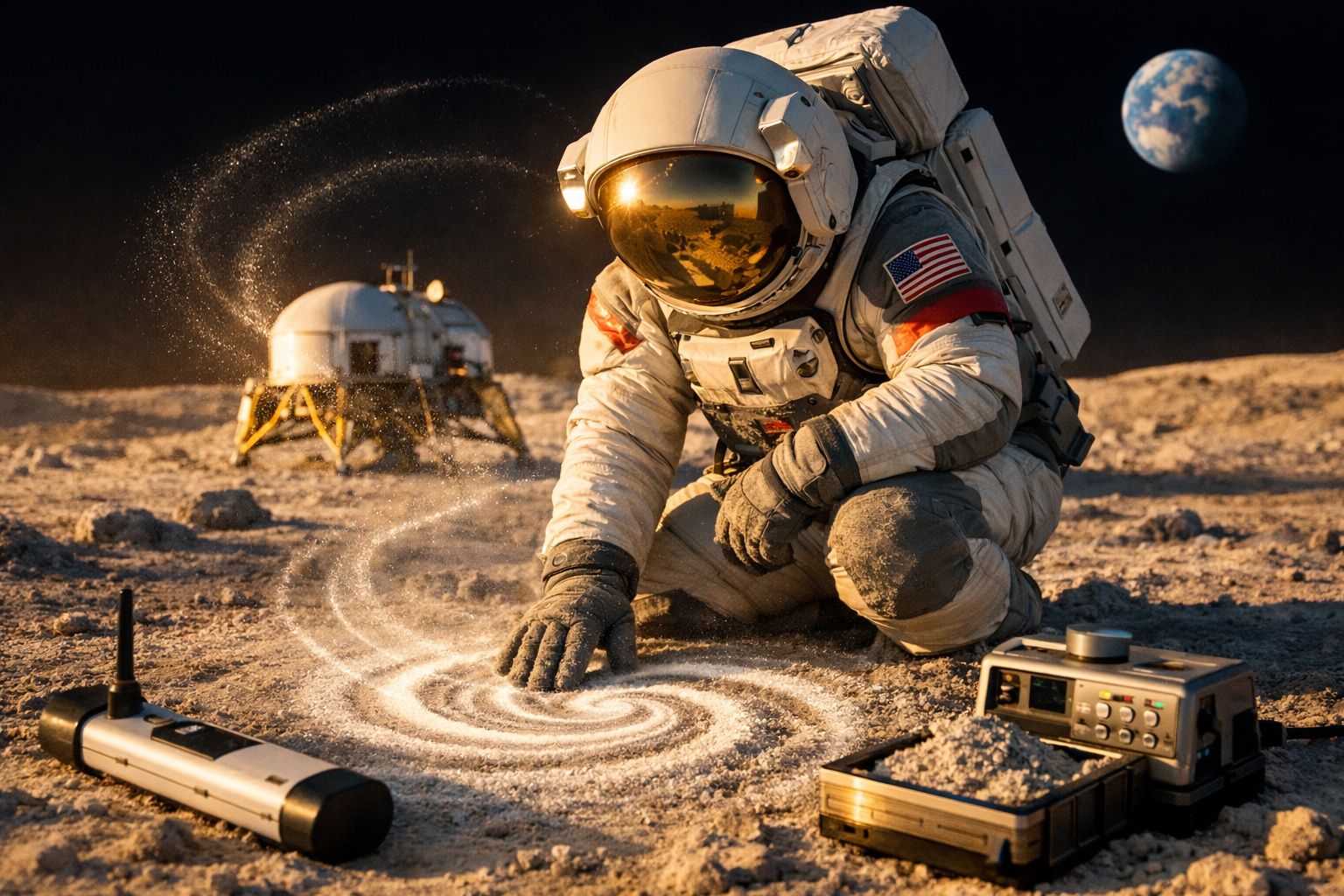 Astronauta americano na superfície lunar, estudando um padrão espiral de pó lunar com equipamentos ao redor.