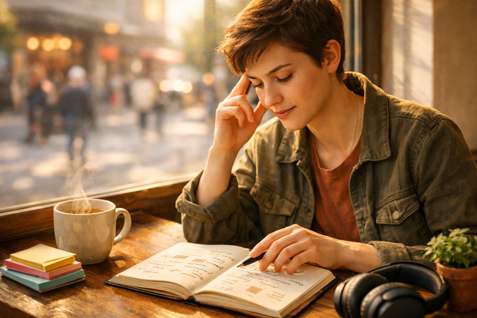 Pessoa a ler e a fazer anotações num caderno, sentada junto a uma janela com chá quente e notas coloridas.
