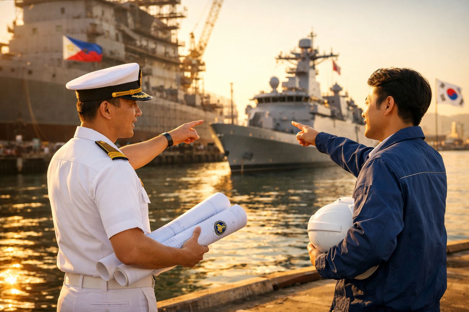Dois homens, um militar e outro com capacete, apontam para navios de guerra num porto ao entardecer.