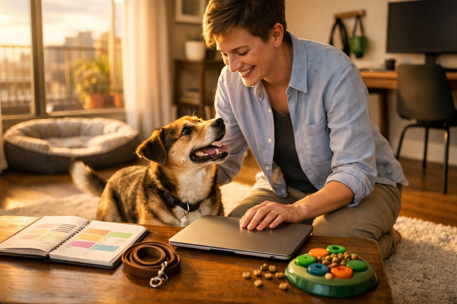 Pessoa sorridente sentada no chão a brincar e olhar para um cão num ambiente acolhedor e iluminado.