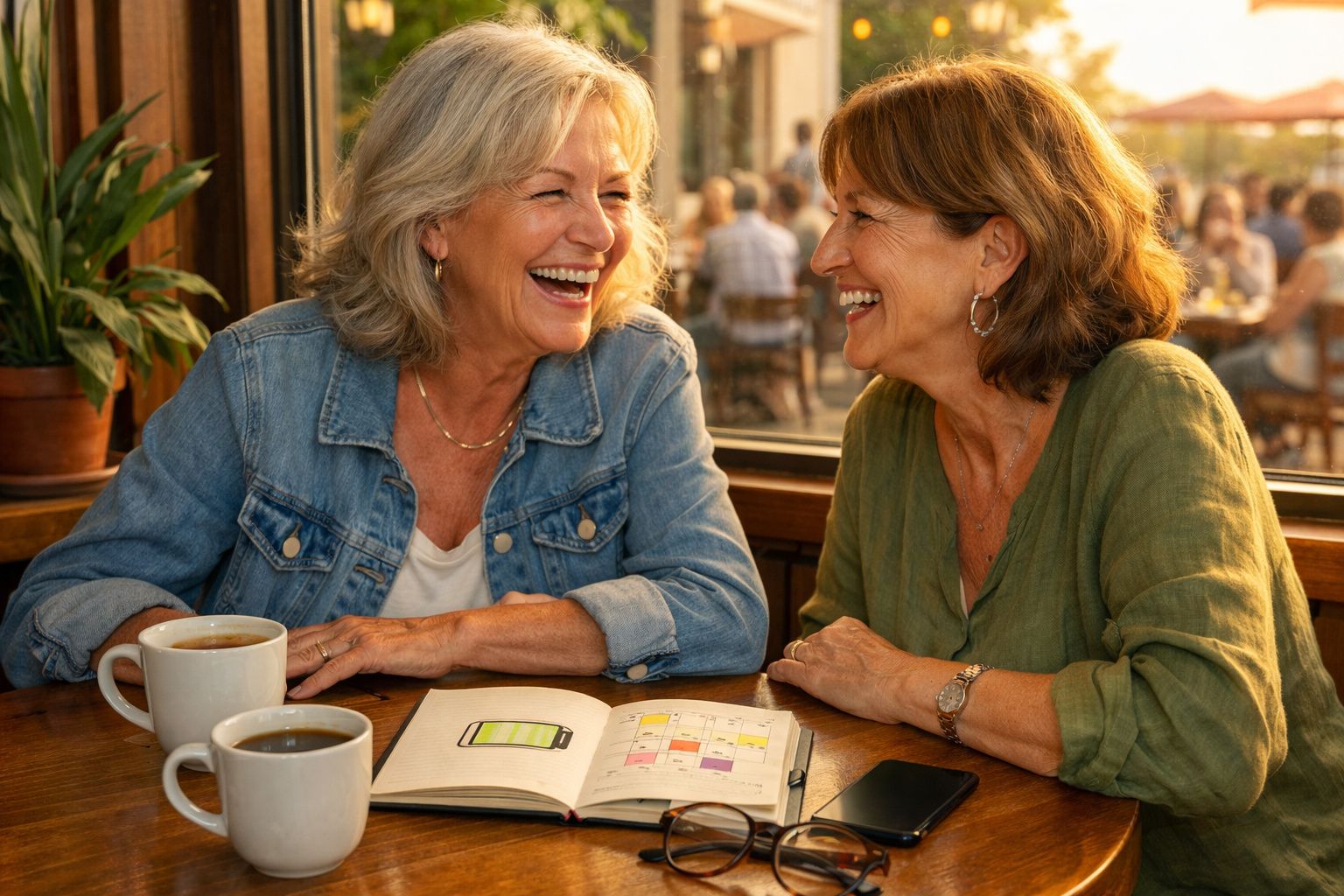 Duas mulheres séniores a rir e conversar numa cafetaria, com café e caderno aberto na mesa.